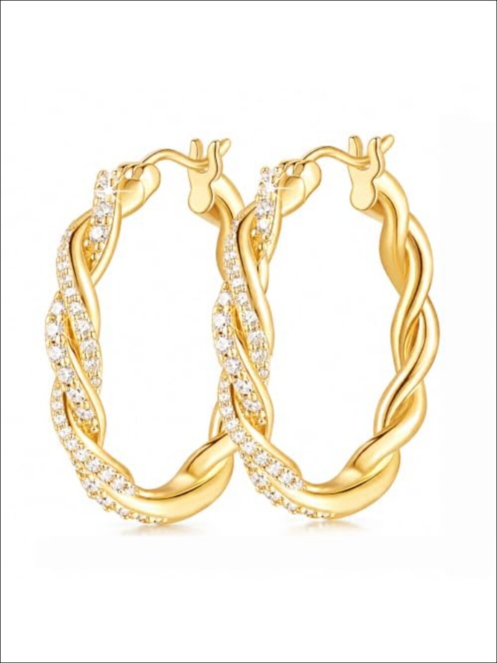 14K Gold Plated Twisted Hoop Earrings Cubic Zirconia Hinged Snap Back